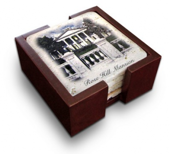 Tumbled Stone Coasters /White-Primed Travertine - Set of 4 in Mahogany Box