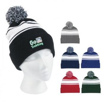 100% Acrylic Two-Tone Knit Pom Beanie With Cuff