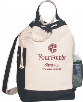 Cotton Canvas Rucksack Drawstring Backpack with Pockets - Black