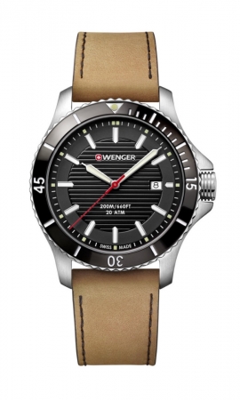  Wenger Seaforce Large Black Dial Brown Leather Strap
