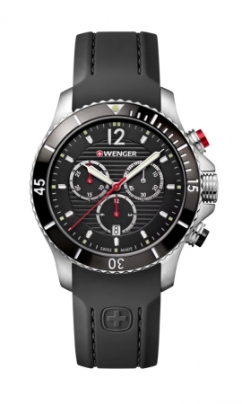 Wenger Large Black Chronograph Dial Black Silicone Strap