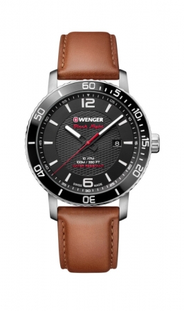 Wenger Roadster Black Night Large Black Dial, Brown Leather Strap