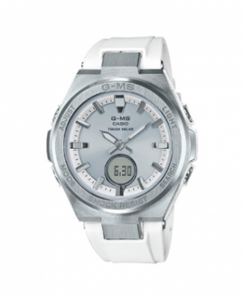 LADIES BABY-G G-MS ANALOG/DIGITAL WHITE STRAP WATCH, SILVER DIAL